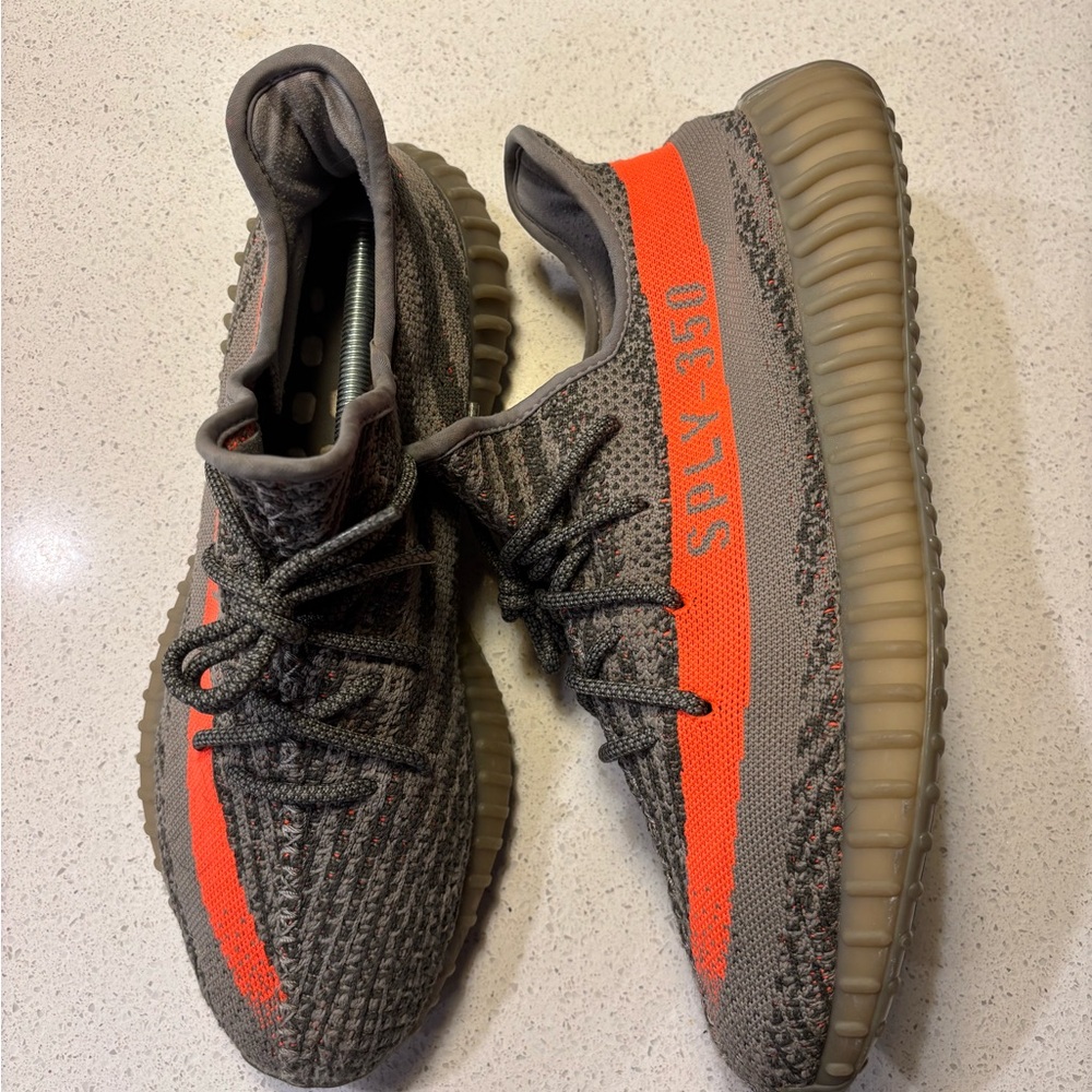 Yeezy Gray and Orange Patterned Sneakers
